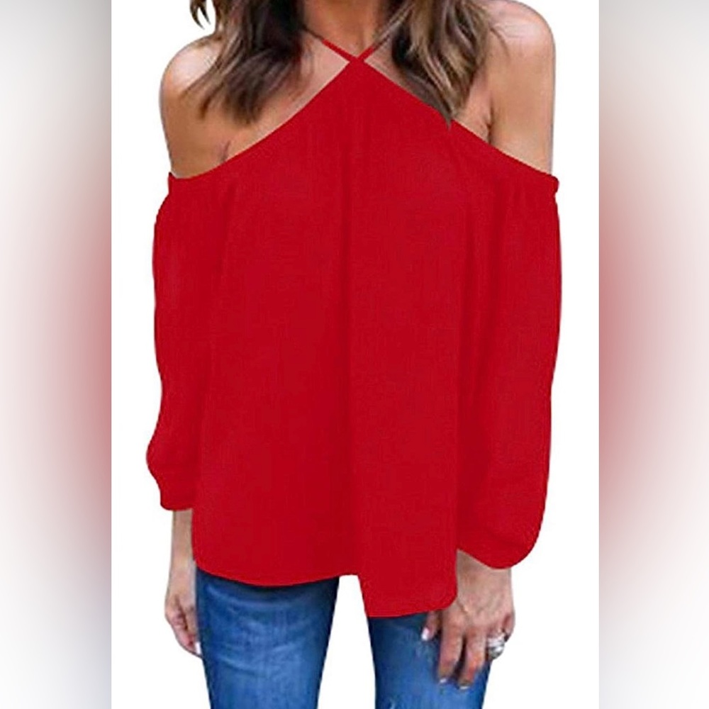 Women's Spaghetti Halter Off The Shoulder Blouse Long Sleeve Shirt, Size L